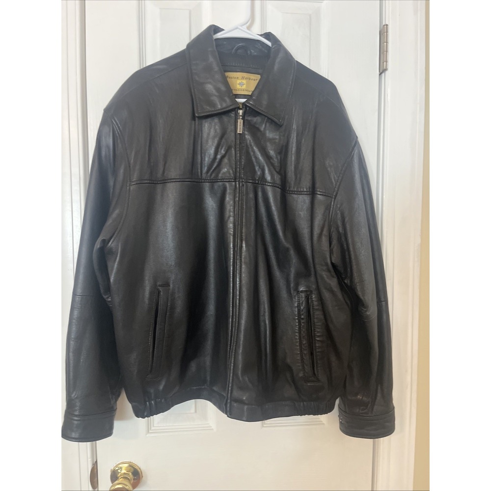 Boston Harbour Mens Black Genuine Leather Bomber Jacket Large Full Zip Y2k 90s